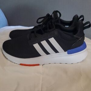 Adidas Black and White Sneakers with Blue and Red Accents